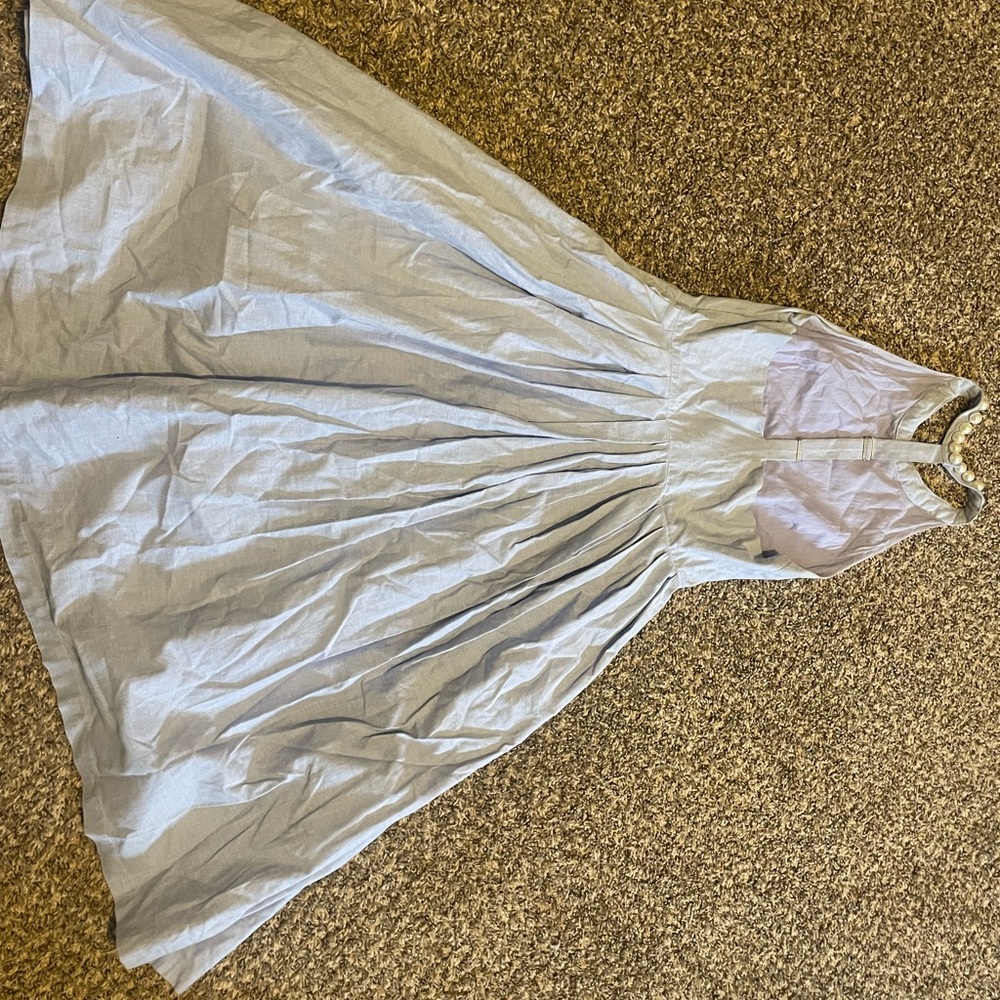 Light blue a line dress with Pearl neck detail and racer back
